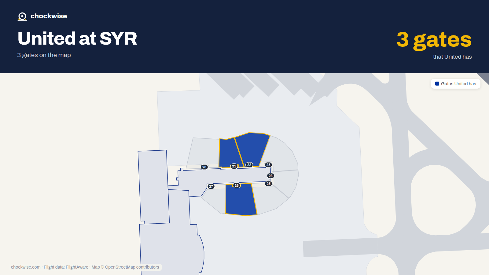 Map of SYR with the gates United Airlines uses highlighted: 21, 22 and 26.