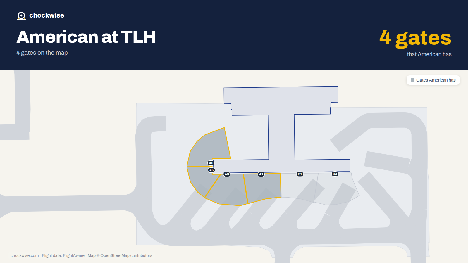 Map of TLH with the gates American Airlines uses highlighted: A1, A3, A5 and A6.