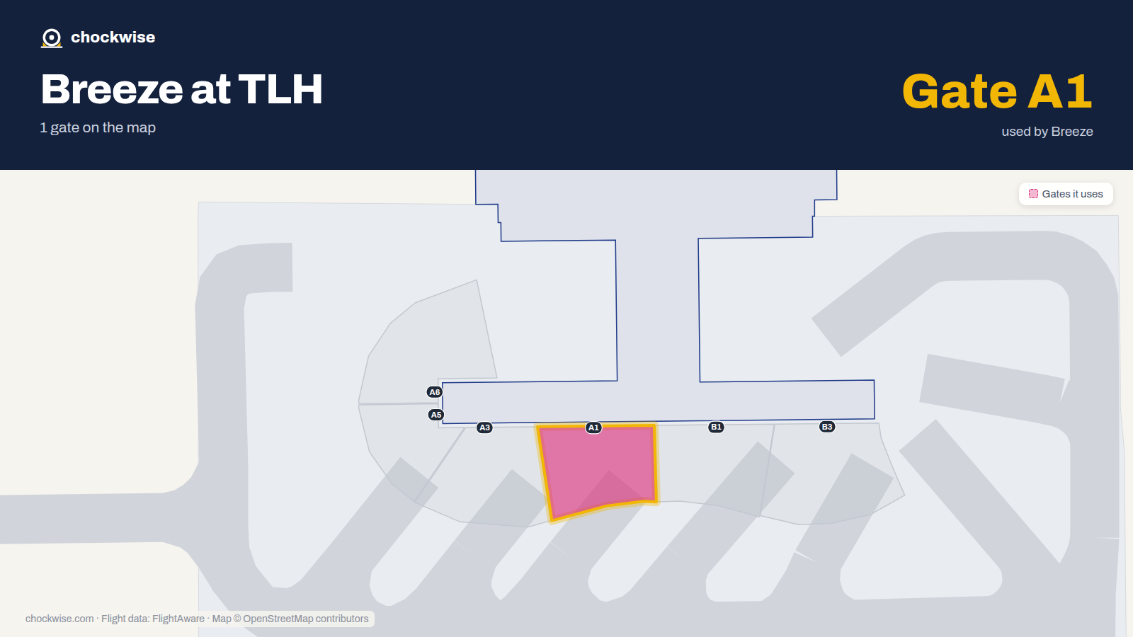Map of TLH with the gates Breeze Airways uses highlighted: A1.