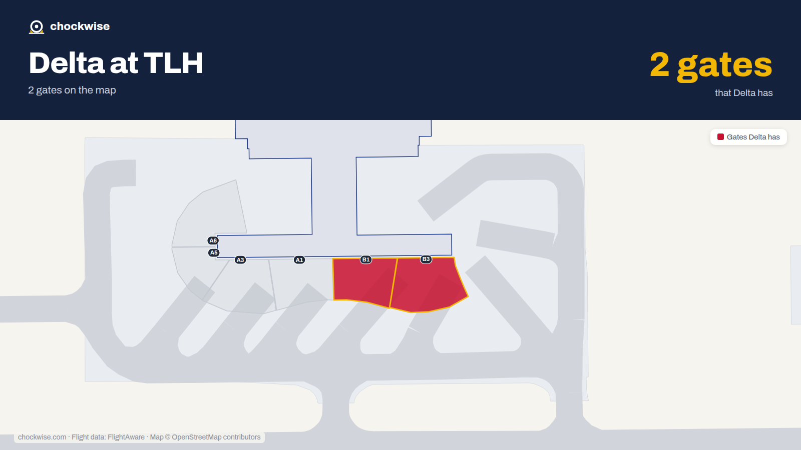 Map of TLH with the gates Delta Air Lines uses highlighted: B1 and B3.