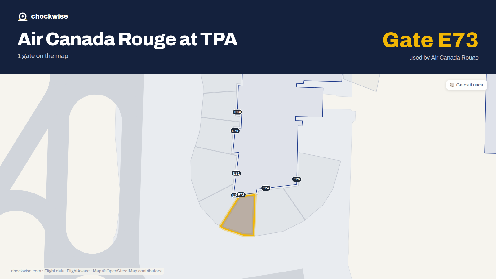Map of TPA with the gates Air Canada Rouge uses highlighted: E73.