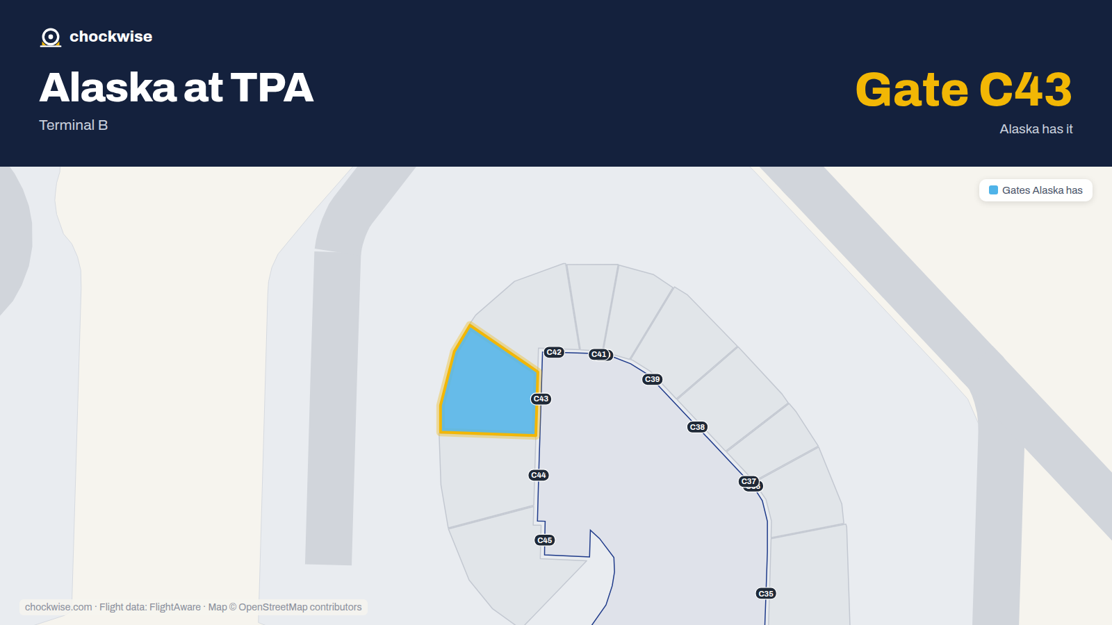 Map of TPA with the gates Alaska Airlines uses highlighted: C43.