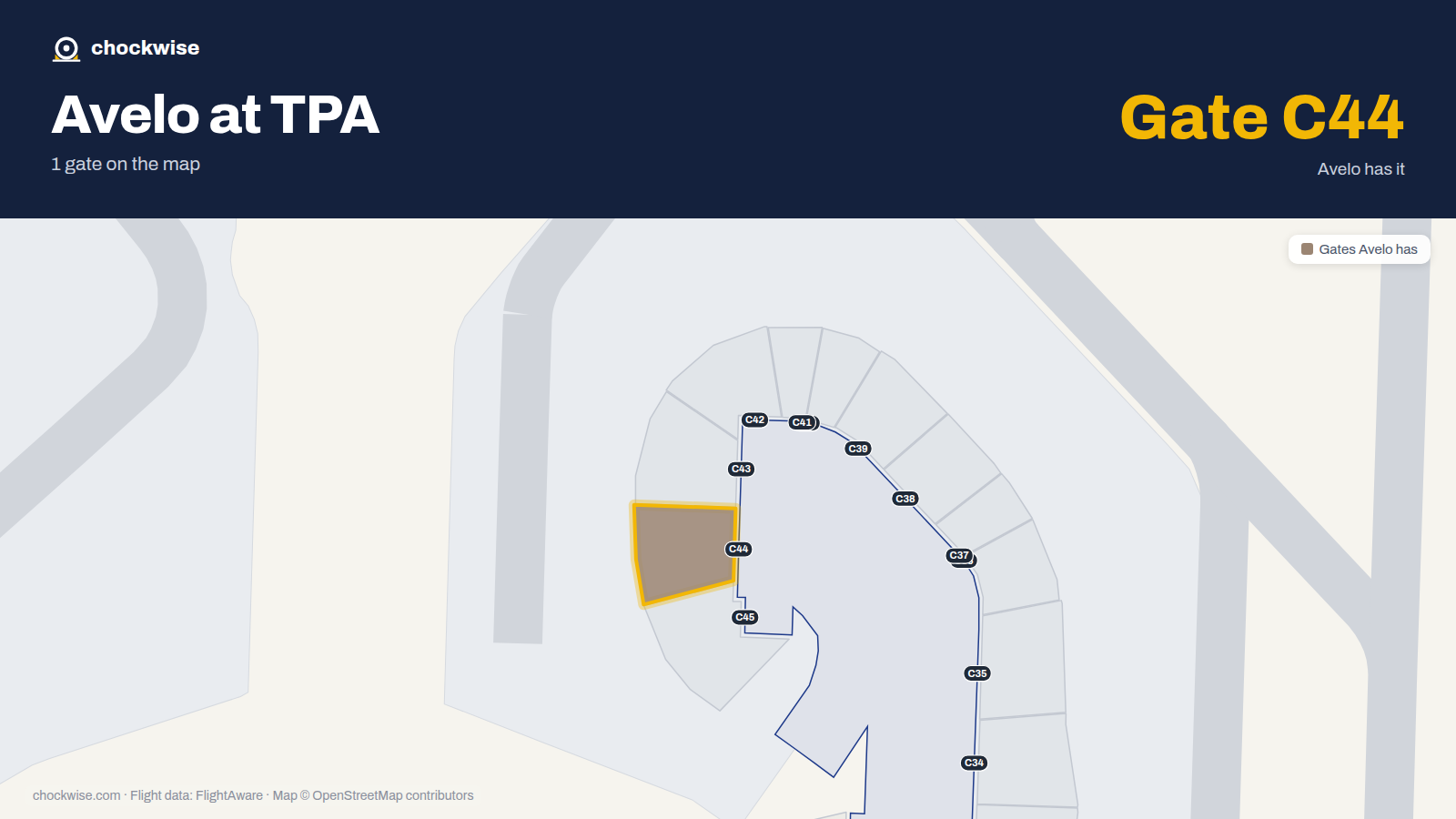 Map of TPA with the gates Avelo Airlines uses highlighted: C44.