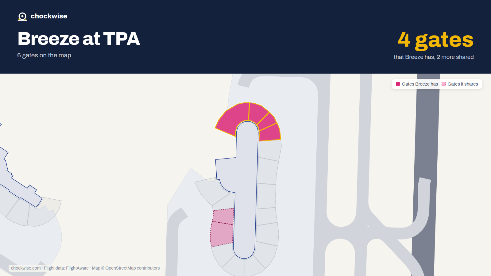 Map of TPA with the gates Breeze Airways uses highlighted: A15, A16, A17 and A18.
