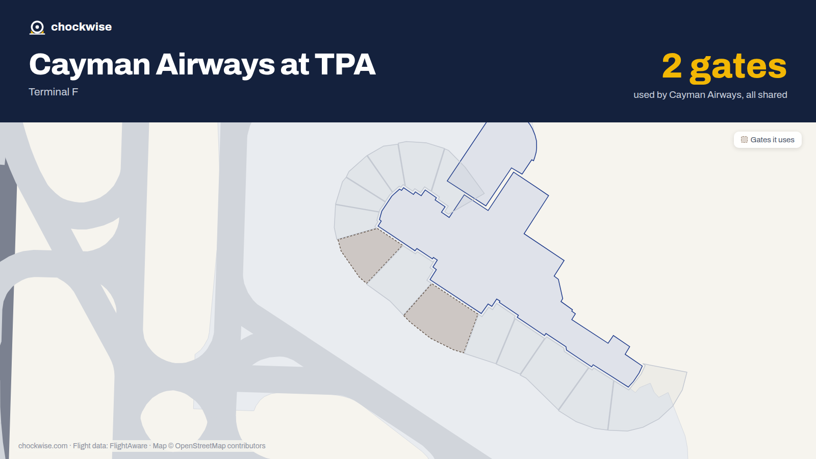 Map of TPA with the gates Cayman Airways uses highlighted: F83 and F85.
