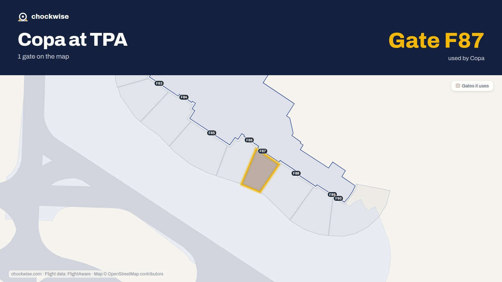 Map of TPA with the gates Copa Airlines uses highlighted: F87.