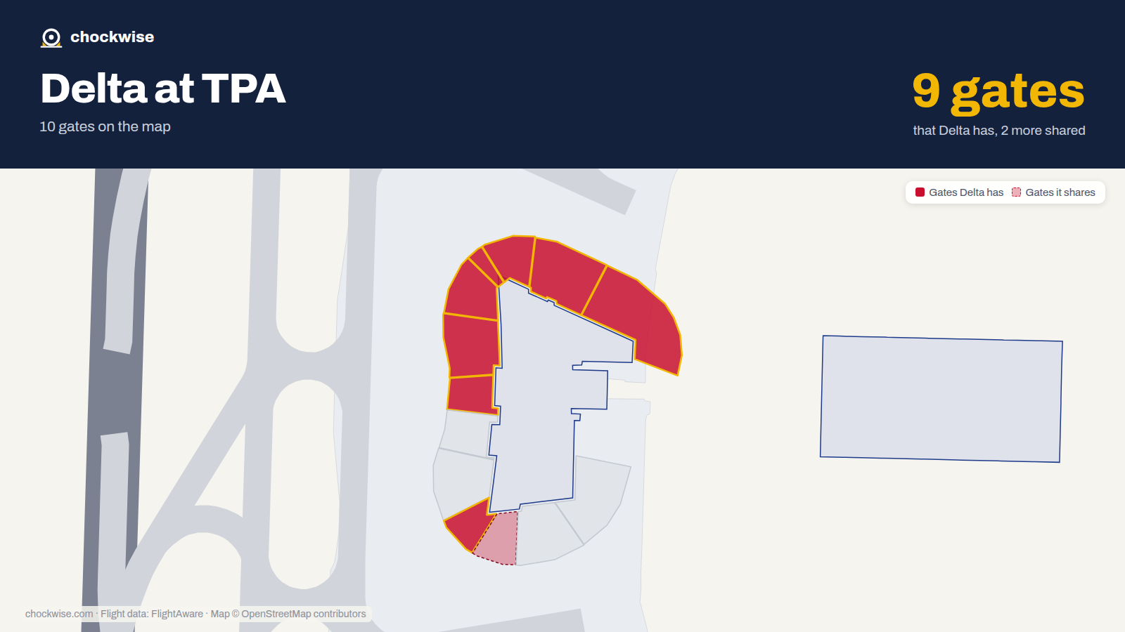 Map of TPA with the gates Delta Air Lines uses highlighted: E62, E64, E65, E66, E67, E68, E69 and E72.