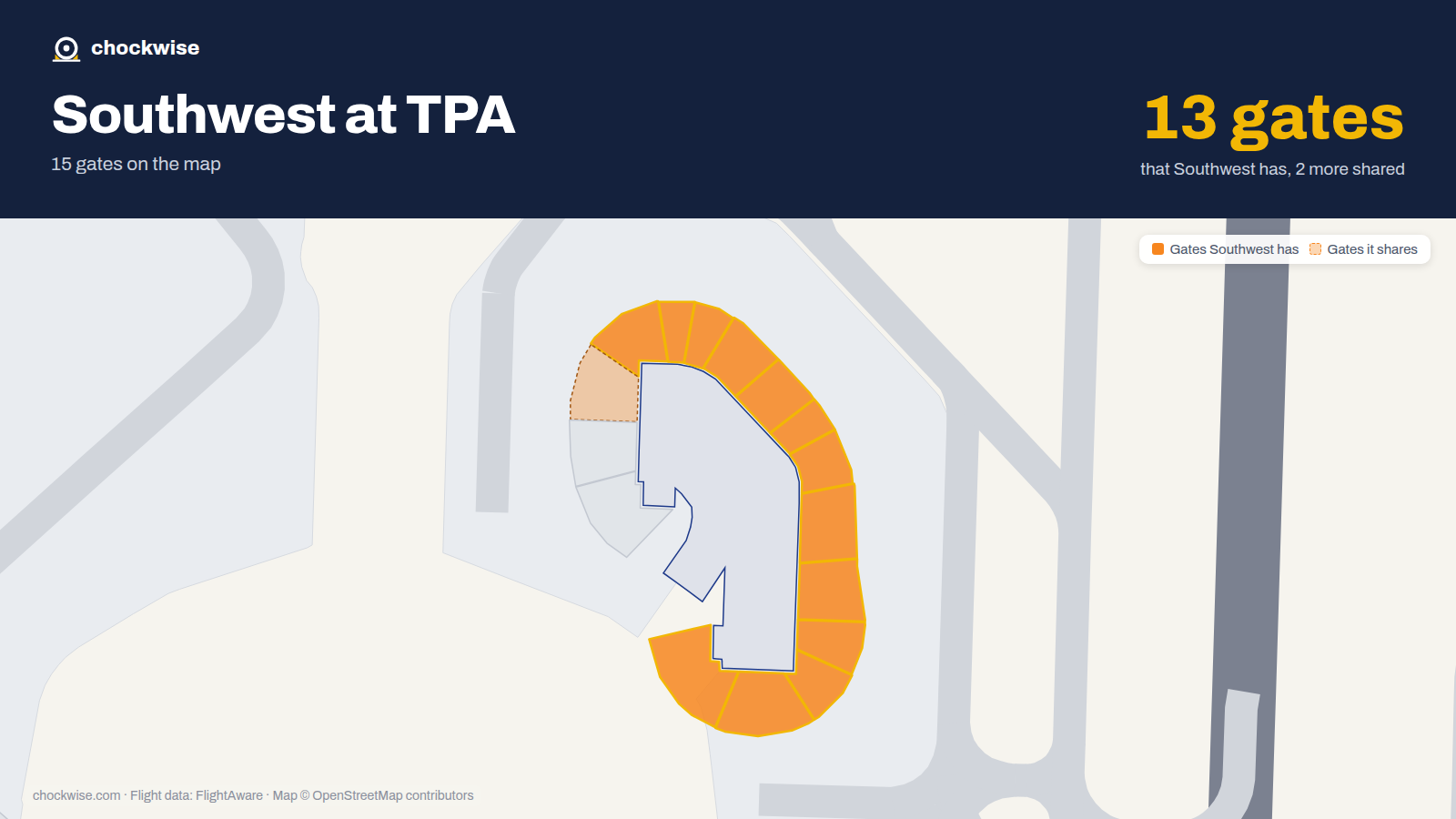 Map of TPA with the gates Southwest Airlines uses highlighted: C30, C31, C32, C33, C34, C35, C36, C37 and 5 more.