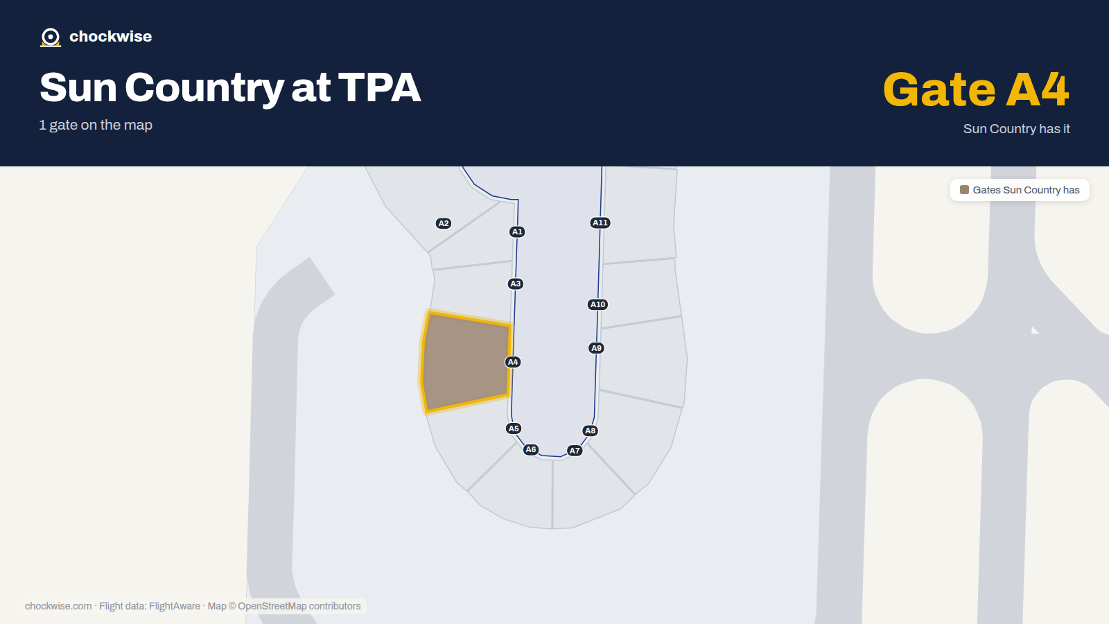Map of TPA with the gates Sun Country Airlines uses highlighted: A4.