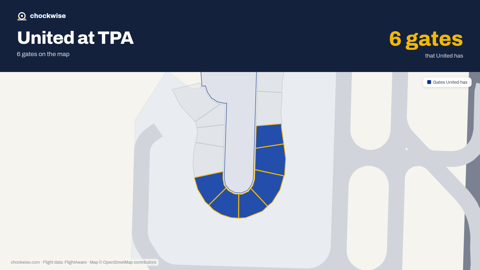 Map of TPA with the gates United Airlines uses highlighted: A5, A6, A7, A8, A9 and A10.
