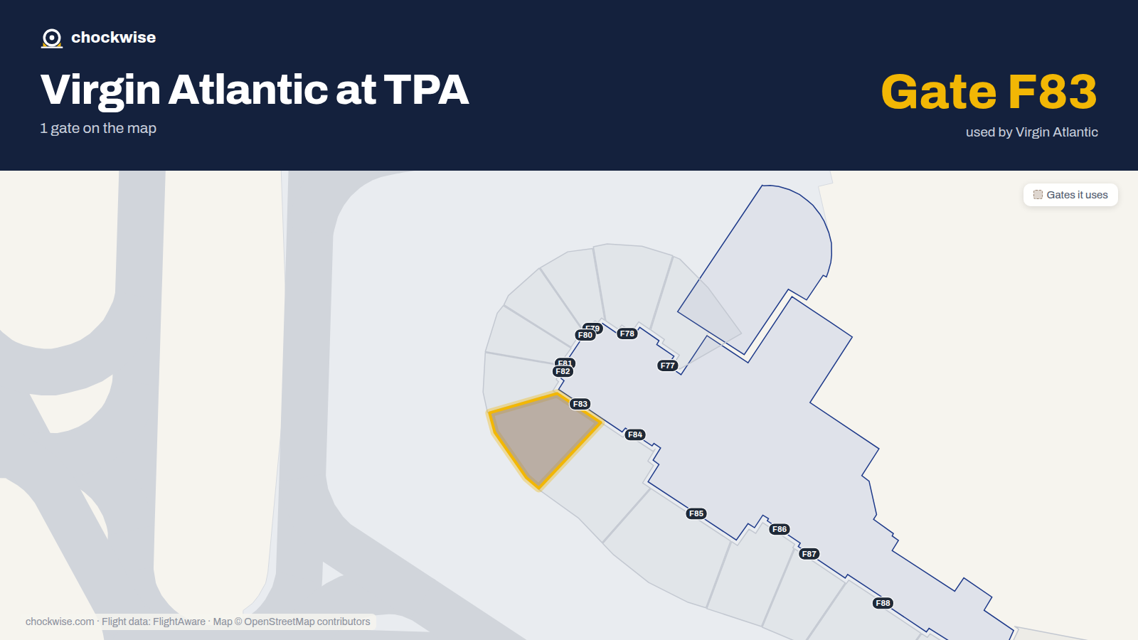 Map of TPA with the gates Virgin Atlantic uses highlighted: F83.
