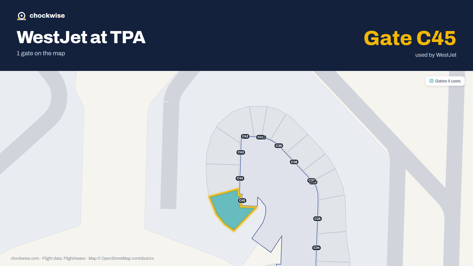 Map of TPA with the gates WestJet uses highlighted: C45.