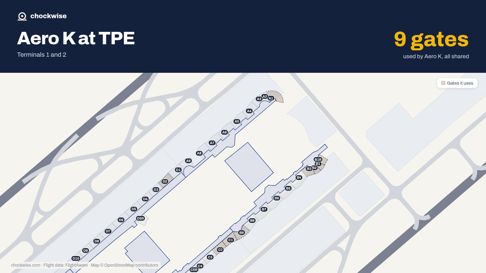 Map of TPE with the gates Aero K uses highlighted: A1, B1, B1R, C1, B2, C2, D2, B3 and 1 more.