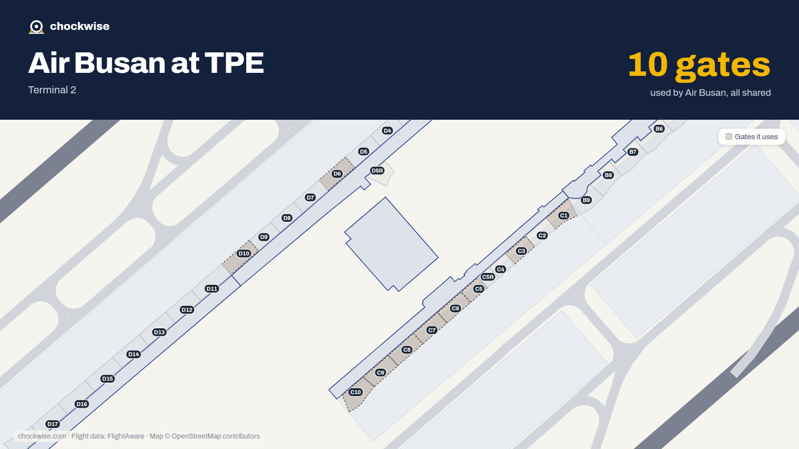 Map of TPE with the gates Air Busan uses highlighted: C1, C3, C5, C6, D6, C7, C8, C9 and 2 more.