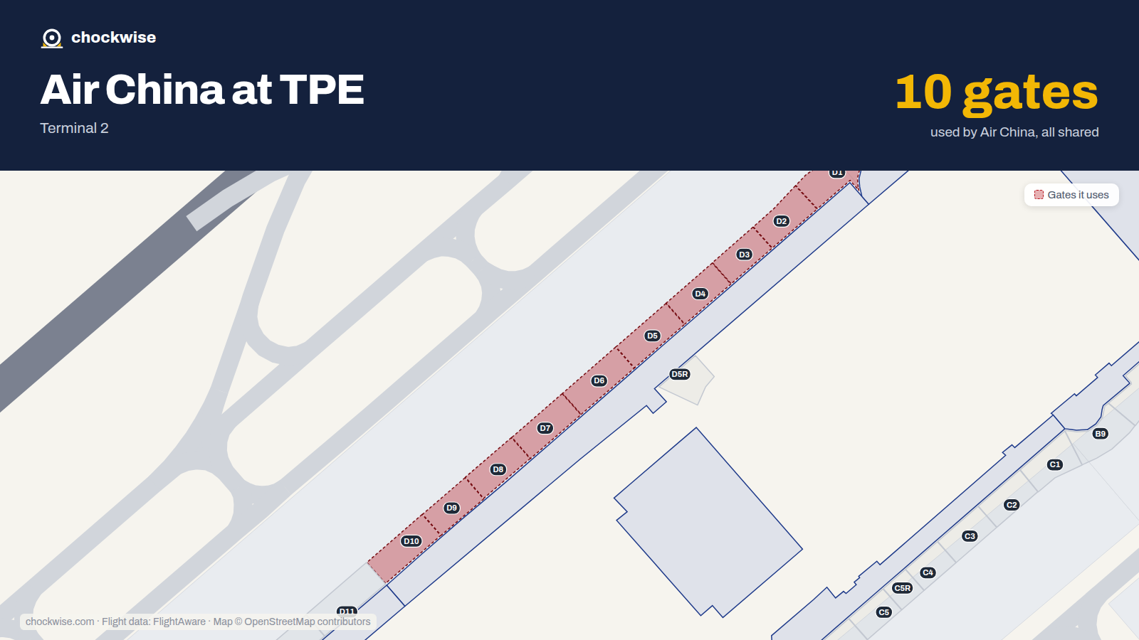 Map of TPE with the gates Air China uses highlighted: D1, D2, D3, D4, D5, D6, D7, D8 and 2 more.