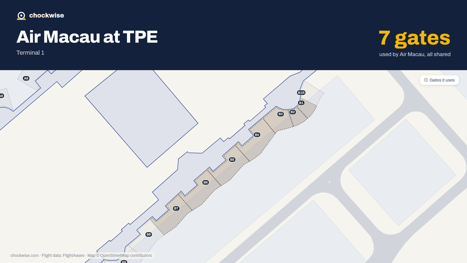 Map of TPE with the gates Air Macau uses highlighted: B1, B2, B3, B4, B5, B6 and B7.