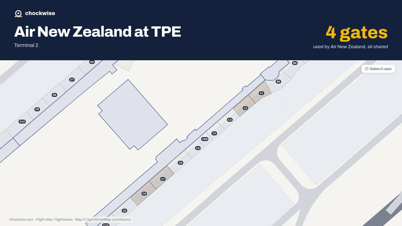Map of TPE with the gates Air New Zealand uses highlighted: C1, C2, C7 and C8.