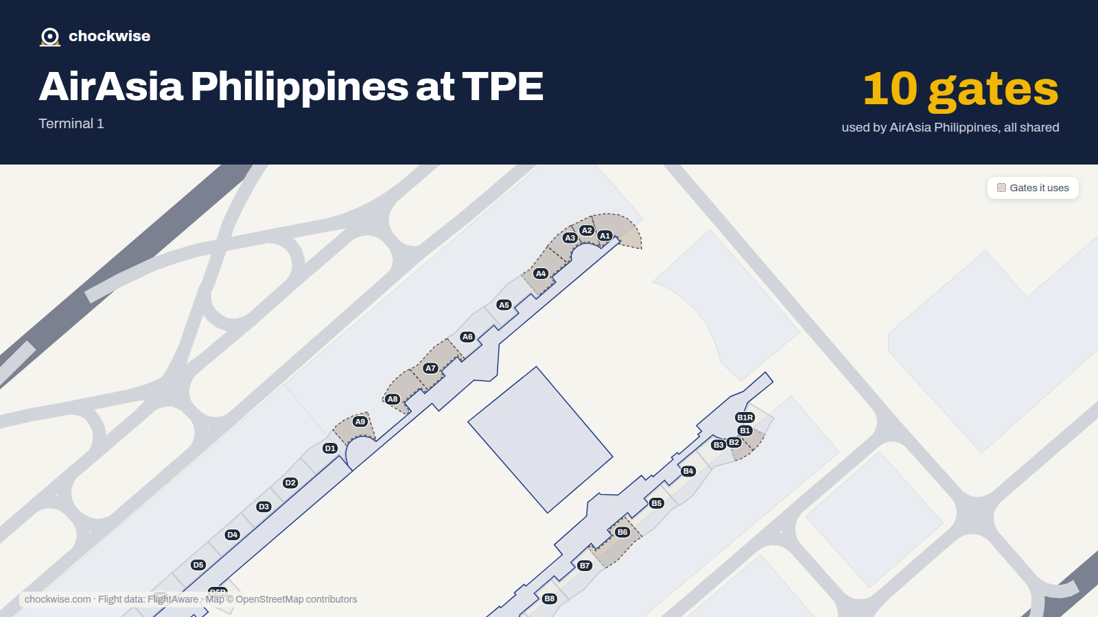 Map of TPE with the gates Philippines AirAsia uses highlighted: A1, B1, A2, B2, A3, A4, B6, A7 and 2 more.