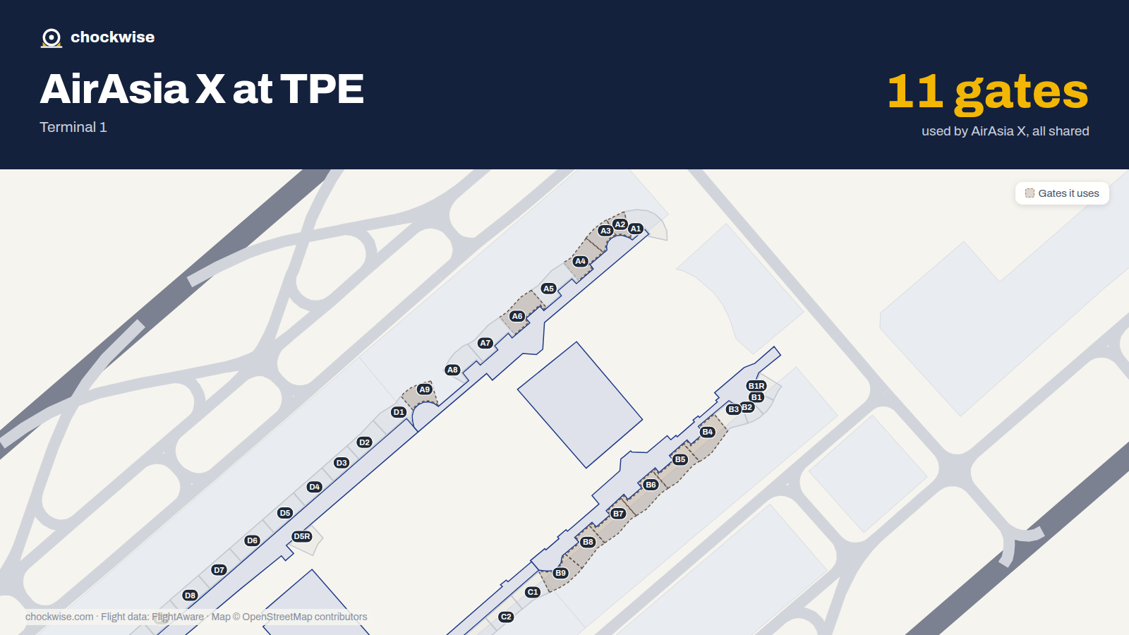 Map of TPE with the gates AirAsia X uses highlighted: A2, A3, A4, B4, B5, A6, B6, B7 and 3 more.