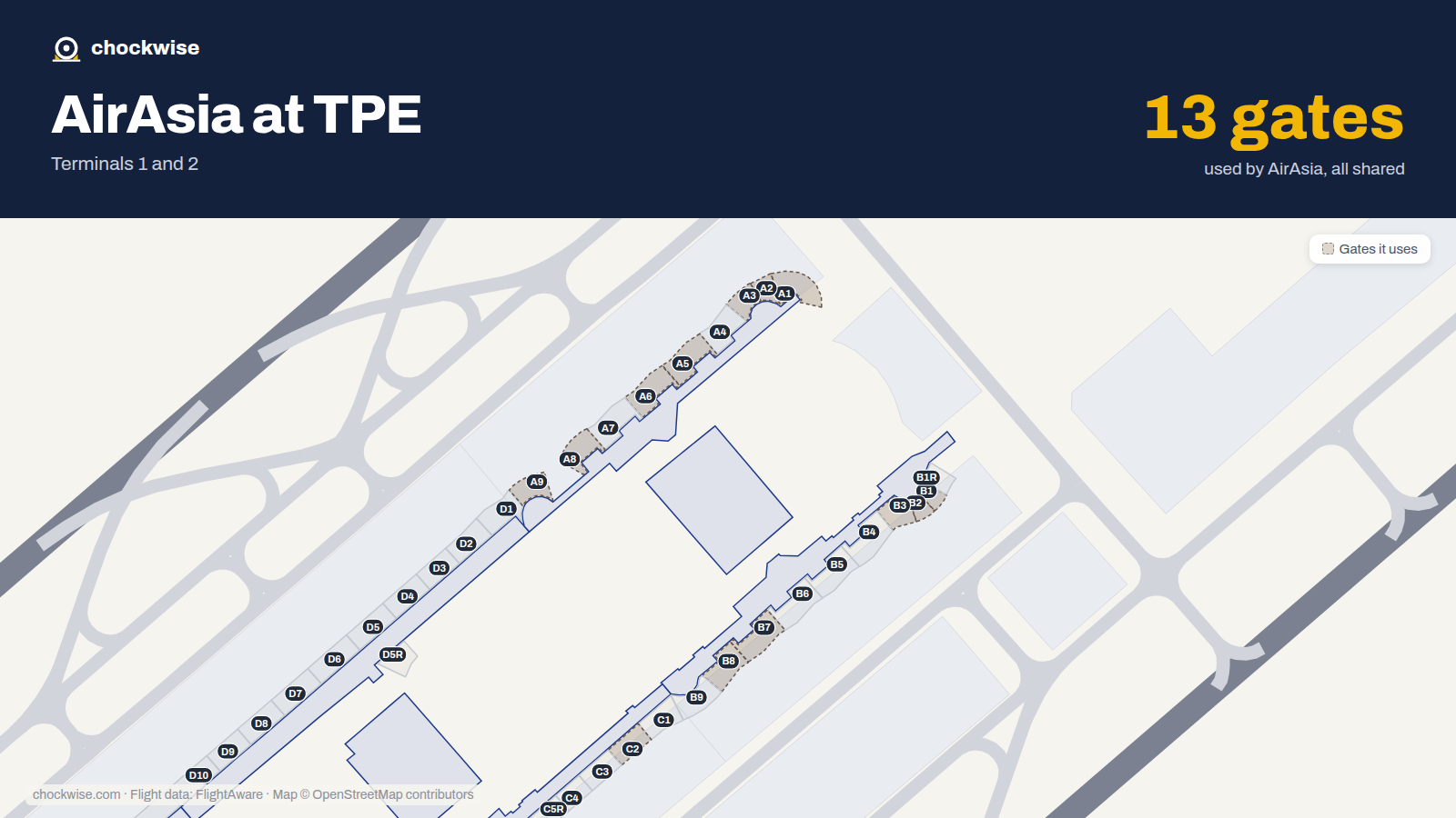 Map of TPE with the gates AirAsia uses highlighted: A1, B1, A2, B2, C2, A3, B3, A5 and 5 more.