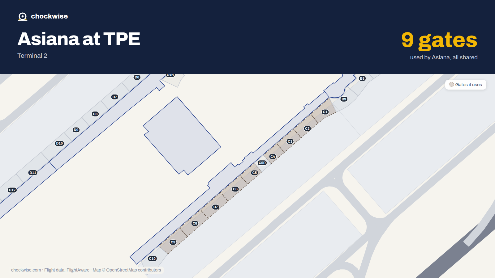 Map of TPE with the gates Asiana Airlines uses highlighted: C1, C2, C3, C4, C5, C6, C7, C8 and 1 more.