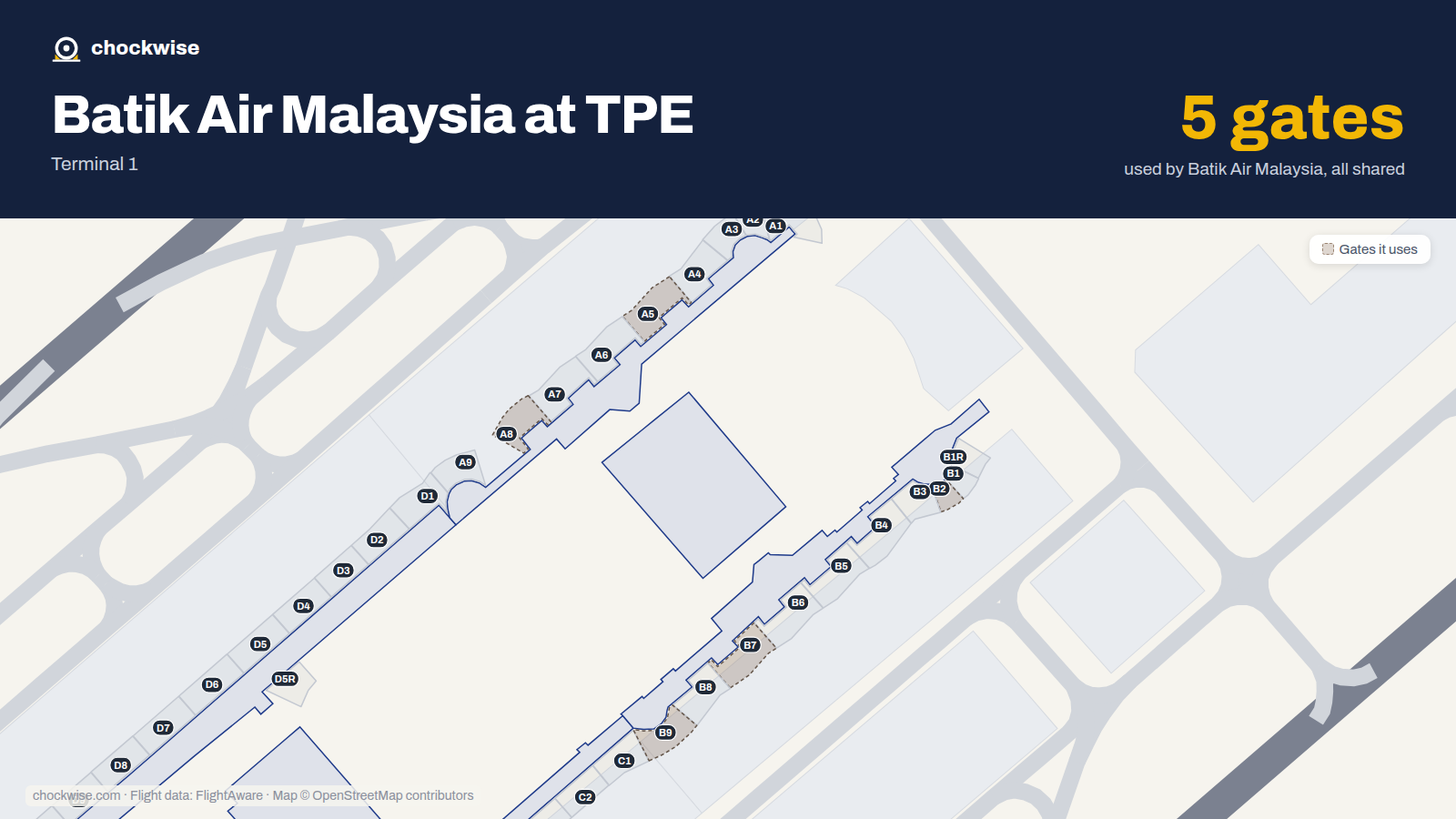 Map of TPE with the gates Batik Air Malaysia uses highlighted: B2, A5, B7, A8 and B9.