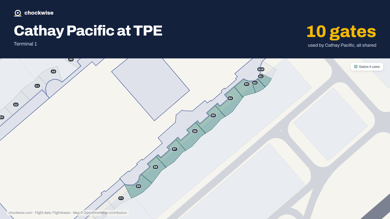 Map of TPE with the gates Cathay Pacific uses highlighted: B1, B2, B3, B4, B5, B6, A7, B7 and 2 more.