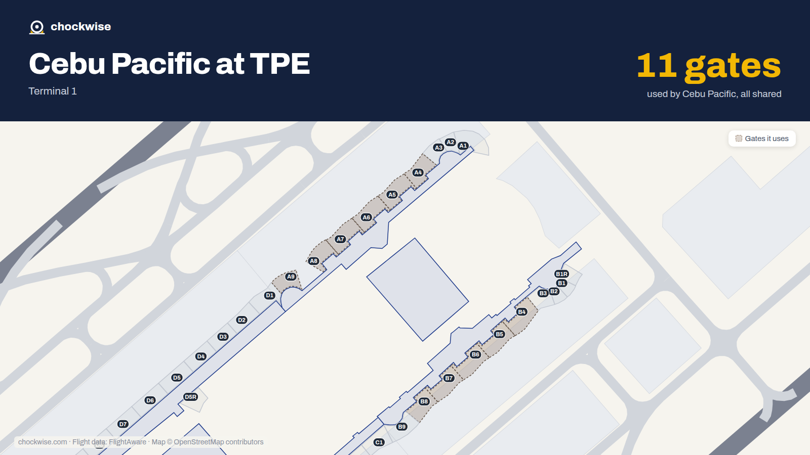 Map of TPE with the gates Cebu Pacific uses highlighted: A4, B4, A5, B5, A6, B6, A7, B7 and 3 more.