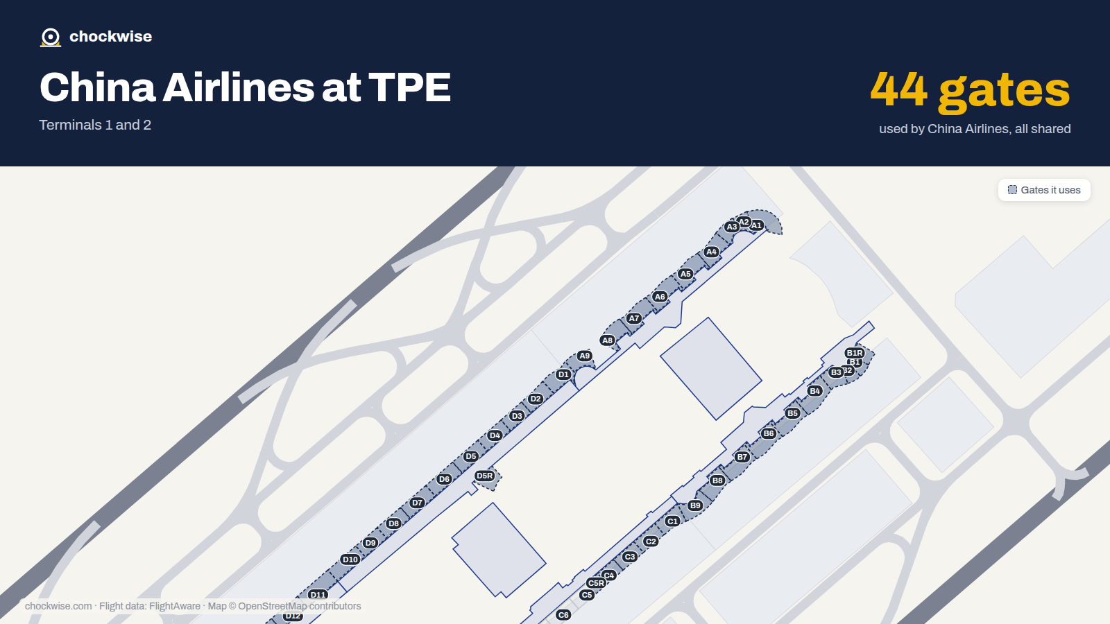 Map of TPE with the gates China Airlines uses highlighted: A1, B1, B1R, C1, D1, A2, B2, C2 and 36 more.