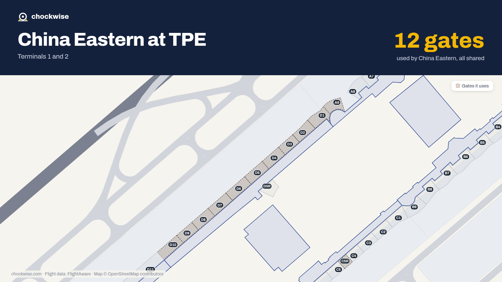 Map of TPE with the gates China Eastern uses highlighted: D1, D2, D3, D4, C5R, D5, D6, D7 and 4 more.