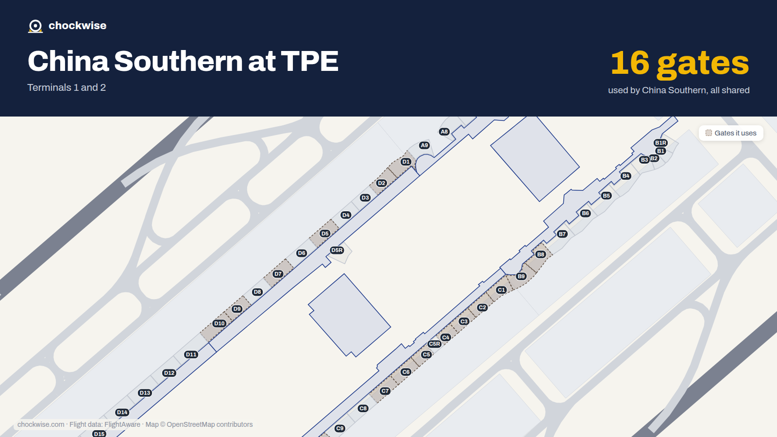 Map of TPE with the gates China Southern uses highlighted: C1, D1, C2, D2, C3, C4, C5, D5 and 8 more.