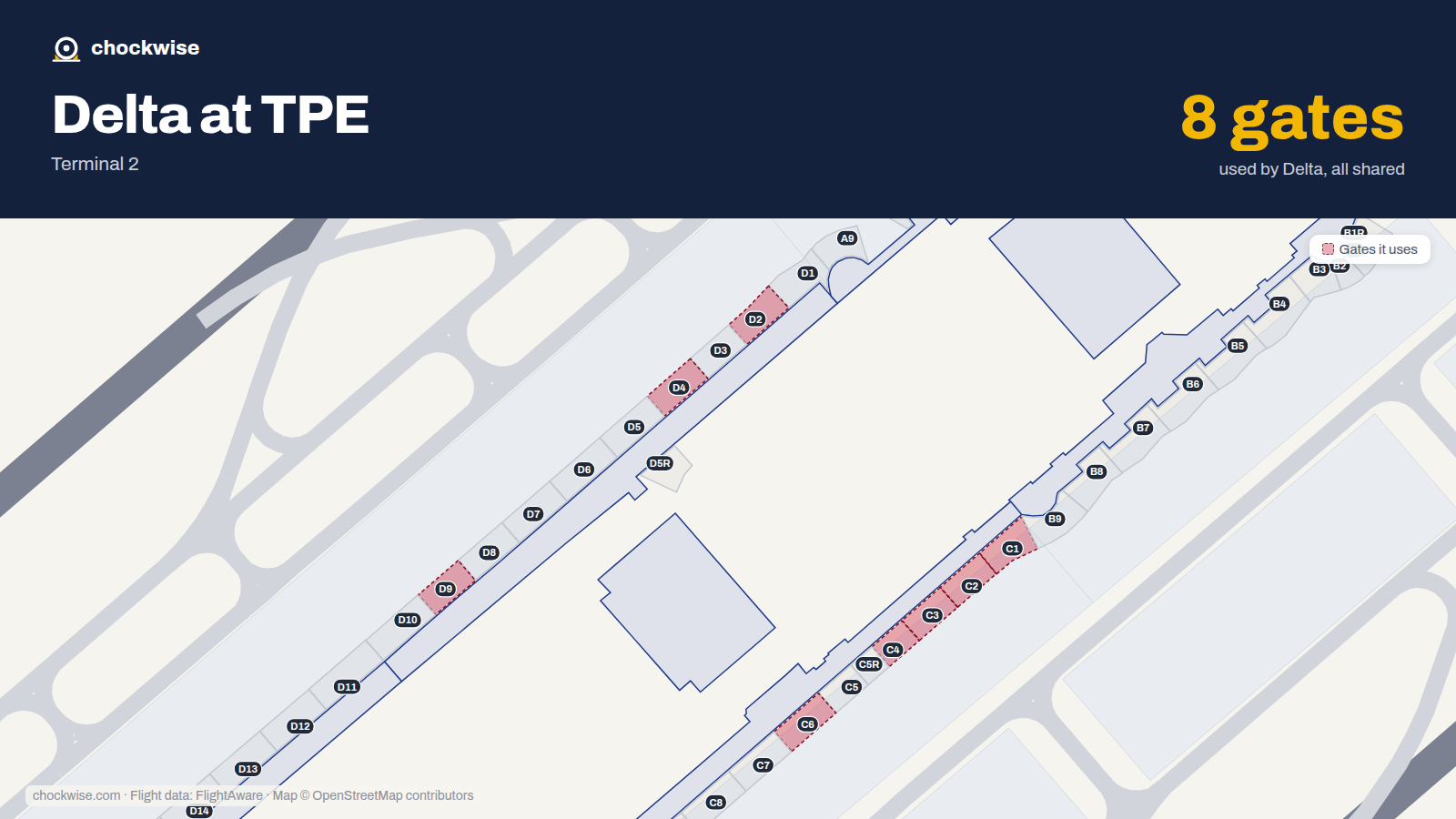 Map of TPE with the gates Delta Air Lines uses highlighted: C1, C2, D2, C3, C4, D4, C6 and D9.