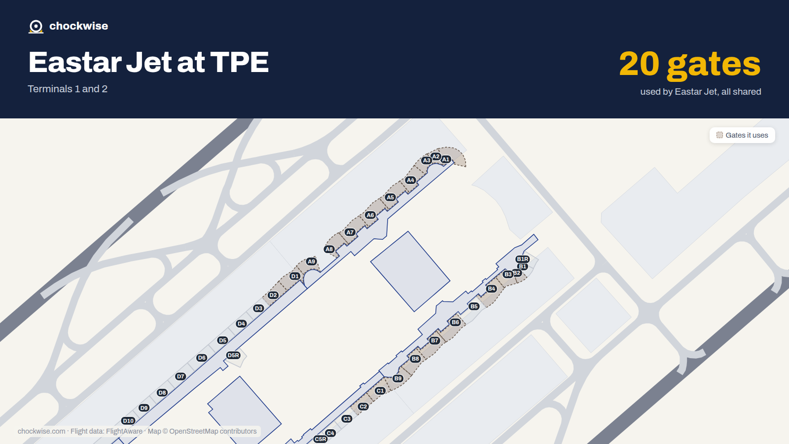 Map of TPE with the gates Eastar Jet uses highlighted: A1, C1, D1, A2, B2, C2, D2, A3 and 12 more.