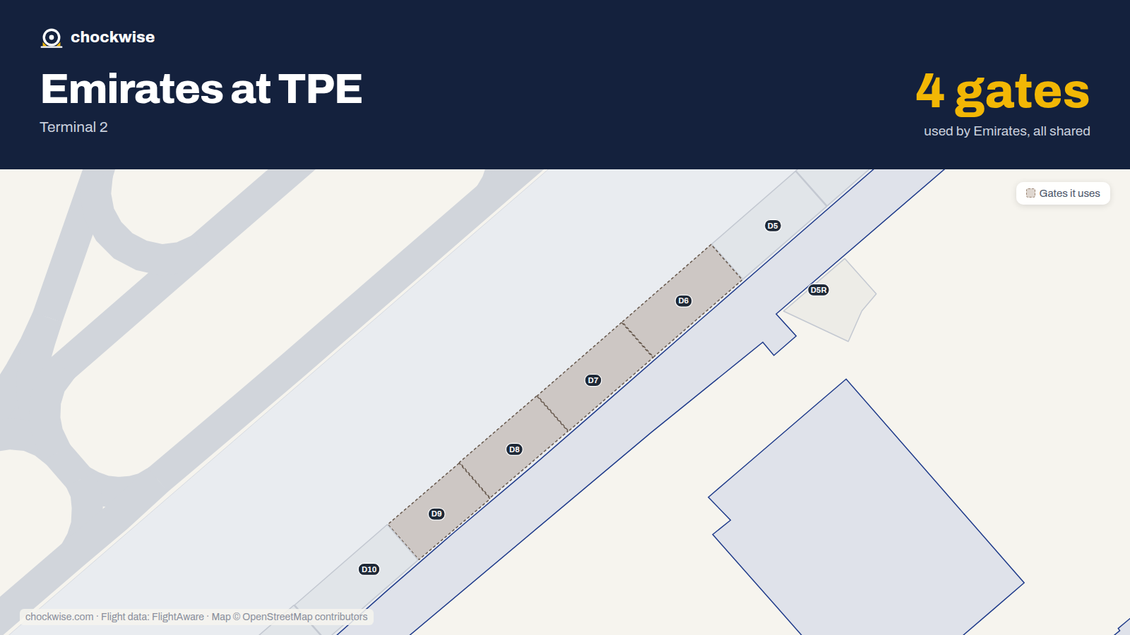 Map of TPE with the gates Emirates uses highlighted: D6, D7, D8 and D9.