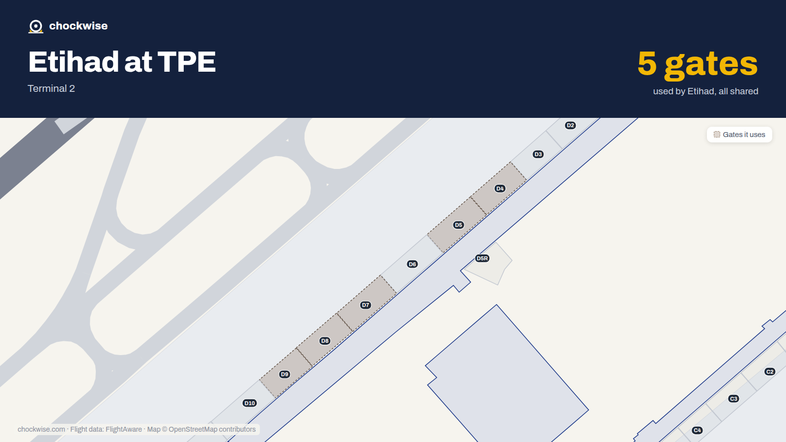 Map of TPE with the gates Etihad Airways uses highlighted: D4, D5, D7, D8 and D9.