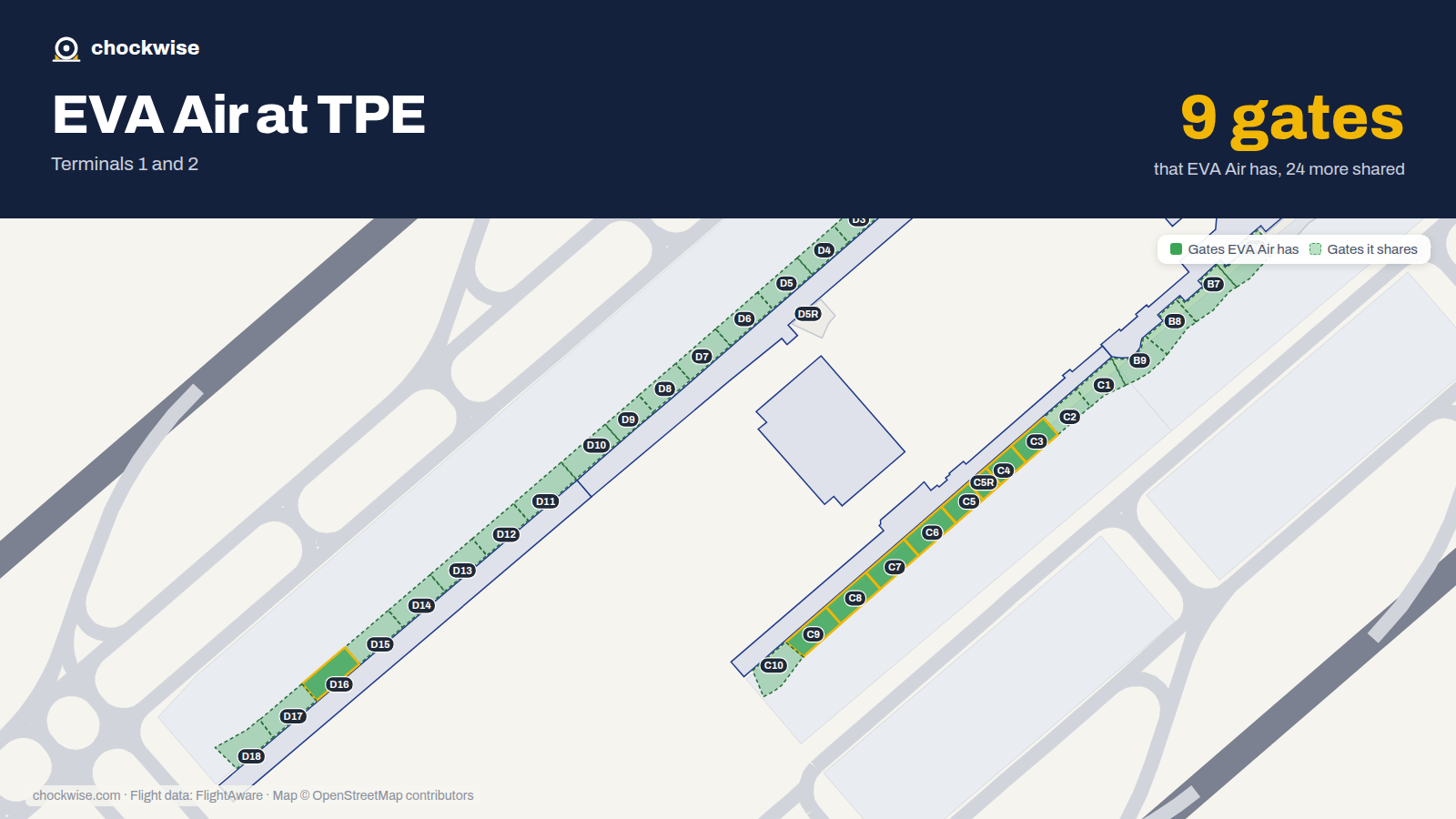 Map of TPE with the gates EVA Air uses highlighted: C3, C4, C5, C5R, C6, C7, C8, C9 and 1 more.