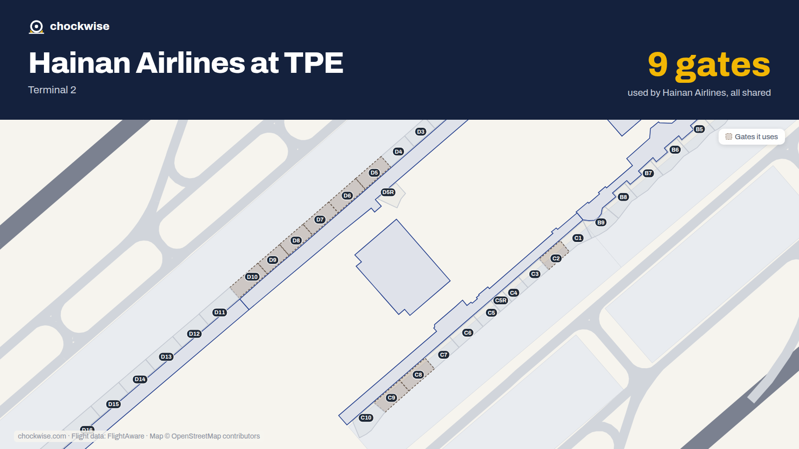 Map of TPE with the gates Hainan Airlines uses highlighted: C2, D5, D6, D7, C8, D8, C9, D9 and 1 more.