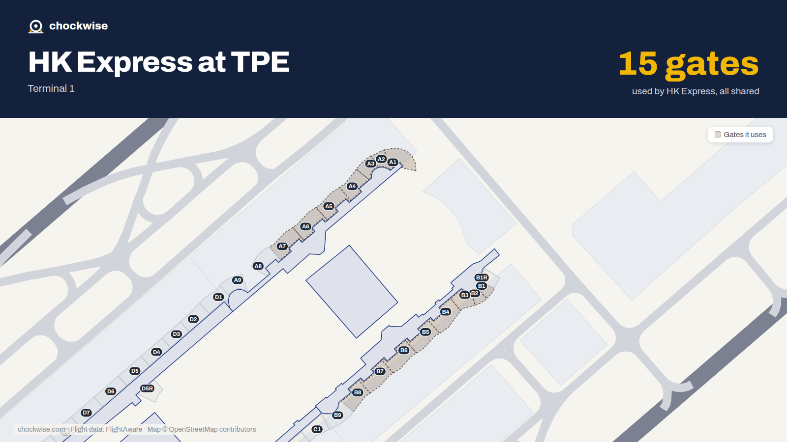 Map of TPE with the gates HK Express uses highlighted: A1, B1, A2, B2, A3, B3, A4, B4 and 7 more.