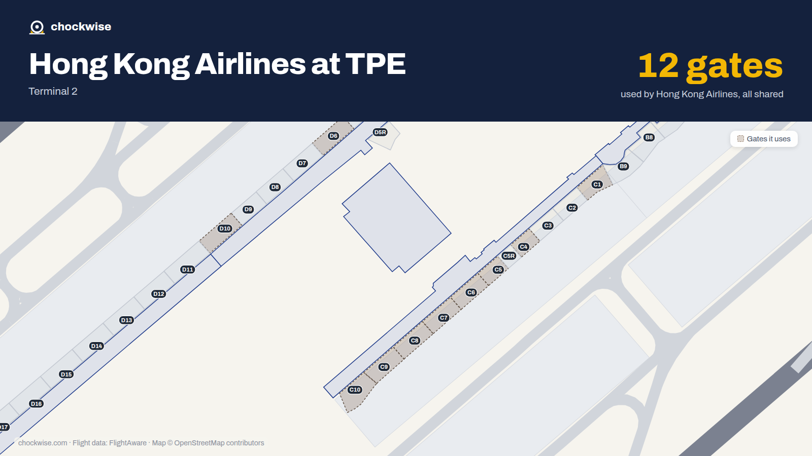 Map of TPE with the gates Hong Kong Airlines uses highlighted: C1, D3, C4, C5, B6, C6, D6, C7 and 4 more.