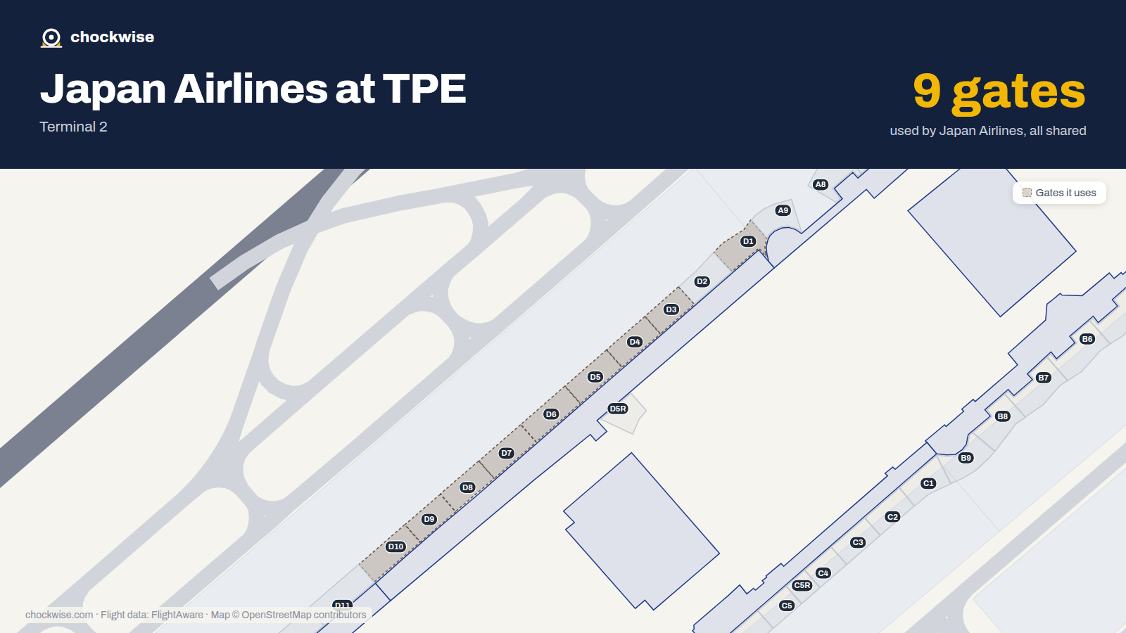 Map of TPE with the gates Japan Airlines uses highlighted: D1, D3, D4, D5, D6, D7, D8, D9 and 1 more.