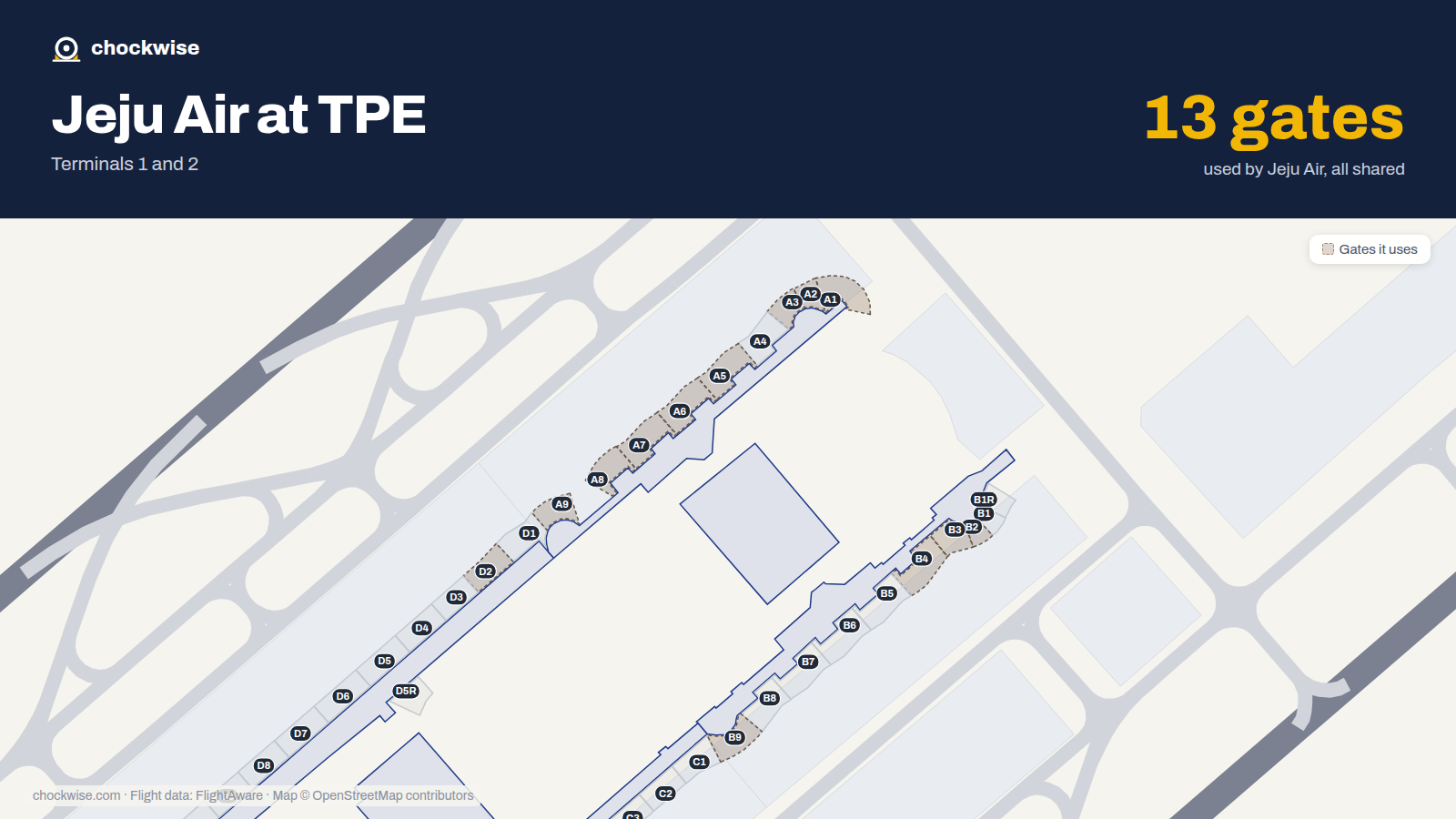 Map of TPE with the gates Jeju Air uses highlighted: A1, A2, B2, D2, A3, B3, B4, A5 and 5 more.