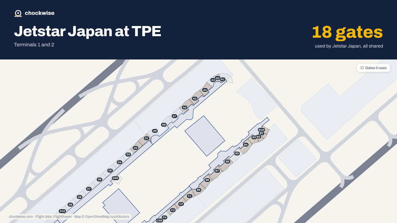 Map of TPE with the gates Jetstar Japan uses highlighted: B1, B1R, C1, D1, A2, B2, C2, D2 and 10 more.