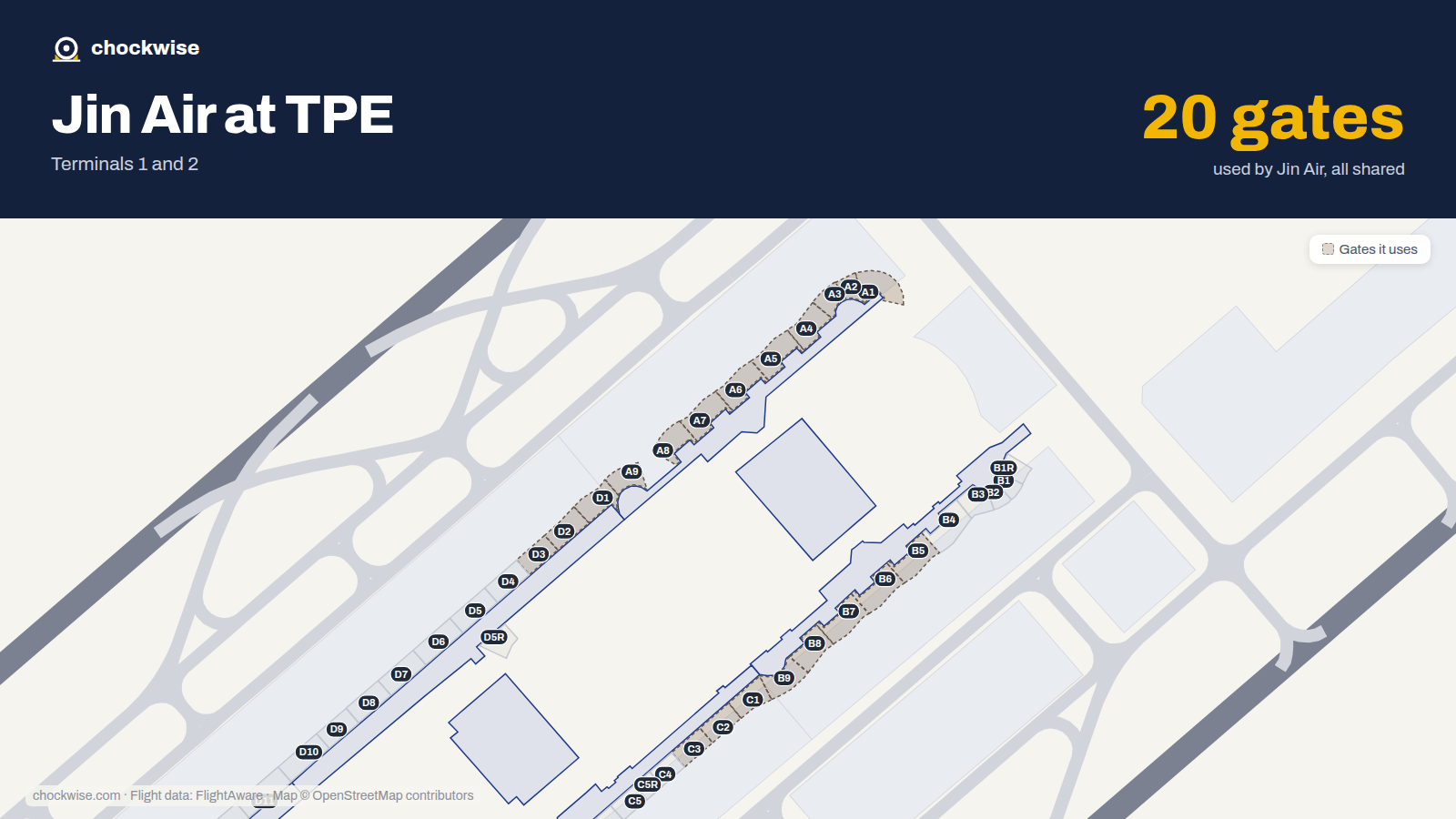 Map of TPE with the gates Jin Air uses highlighted: A1, C1, D1, A2, C2, D2, A3, C3 and 12 more.