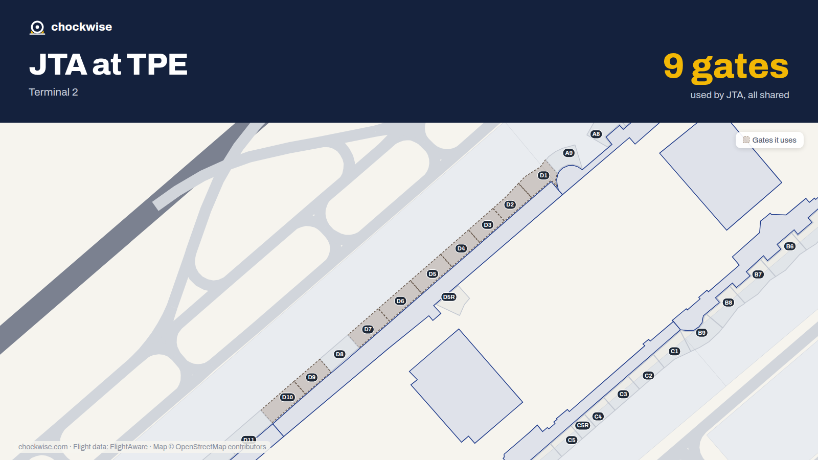 Map of TPE with the gates Japan Transocean Air uses highlighted: D1, D2, D3, D4, D5, D6, D7, D9 and 1 more.