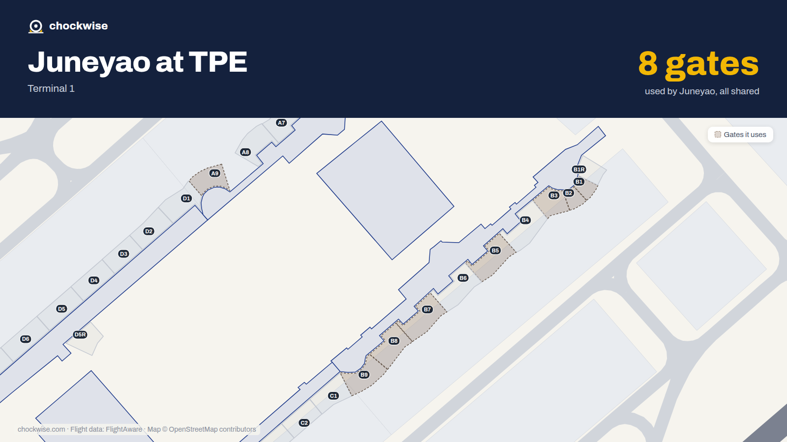 Map of TPE with the gates Juneyao Airlines uses highlighted: B1, B2, B3, B5, B7, B8, A9 and B9.