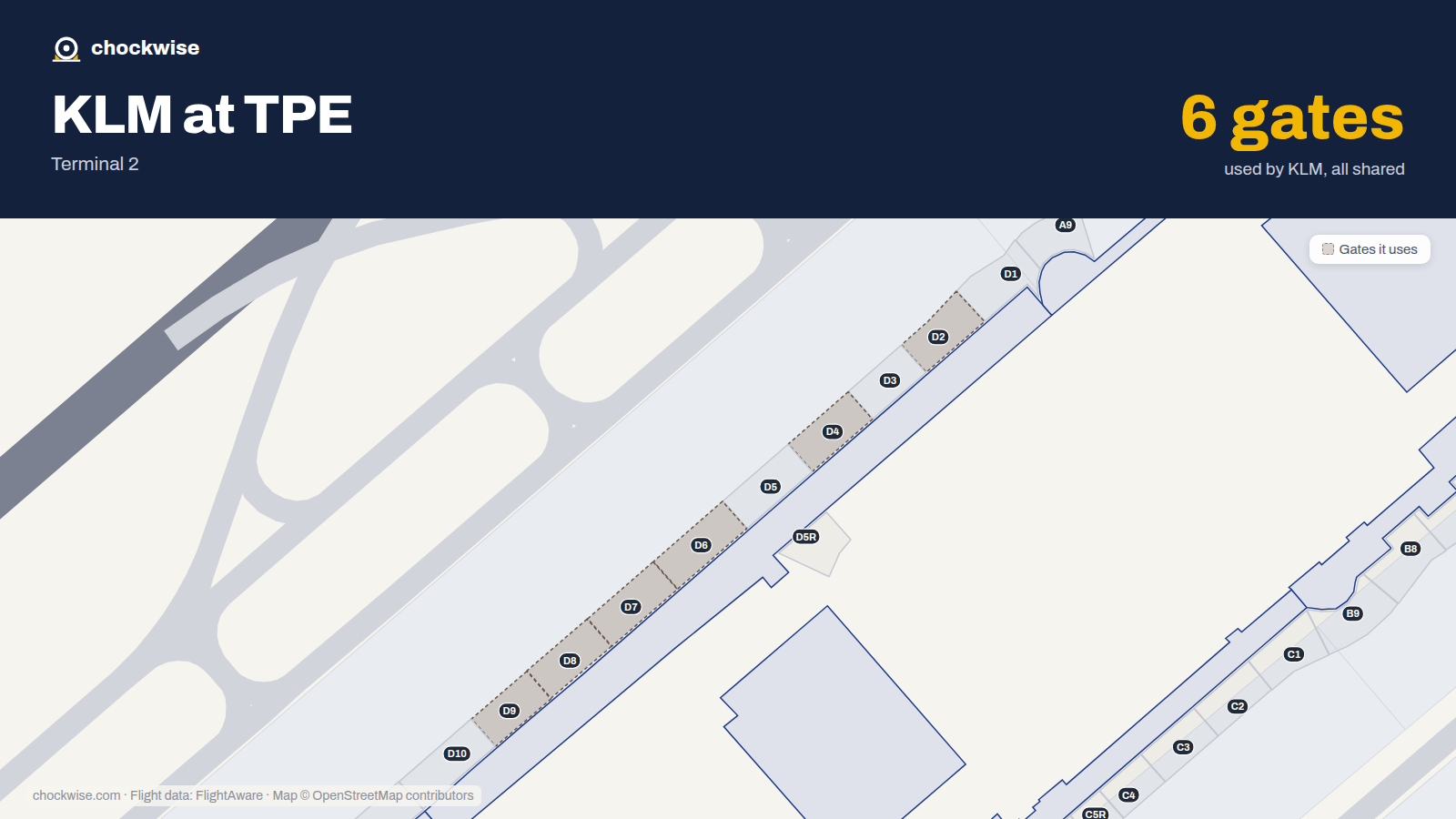 Map of TPE with the gates KLM uses highlighted: D2, D4, D6, D7, D8 and D9.