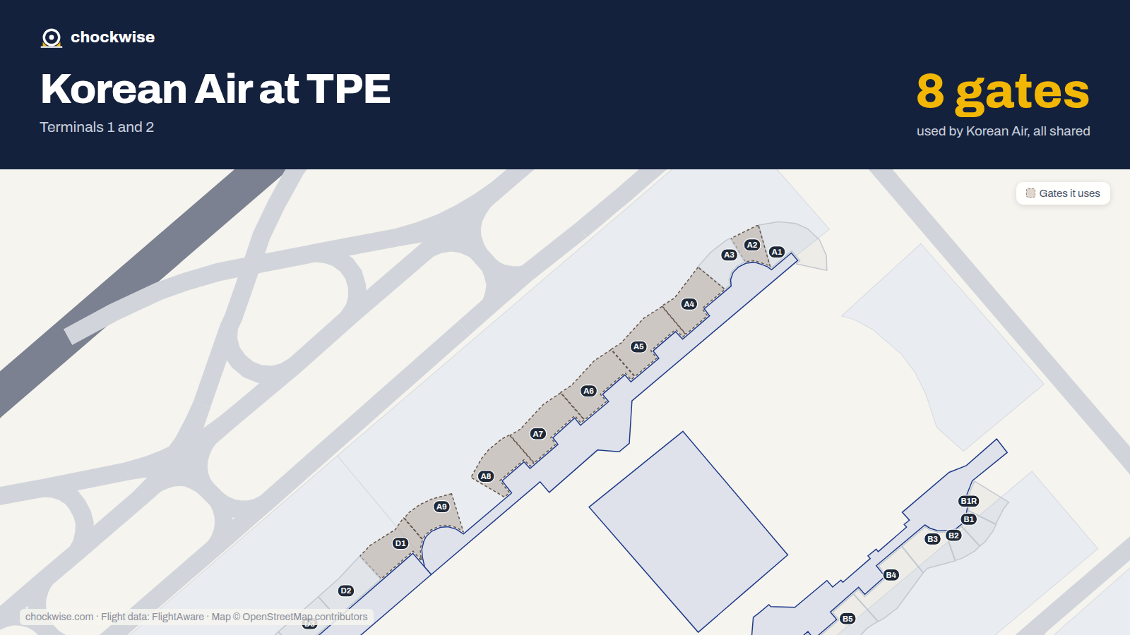 Map of TPE with the gates Korean Air uses highlighted: D1, A2, A4, A5, A6, A7, A8 and A9.