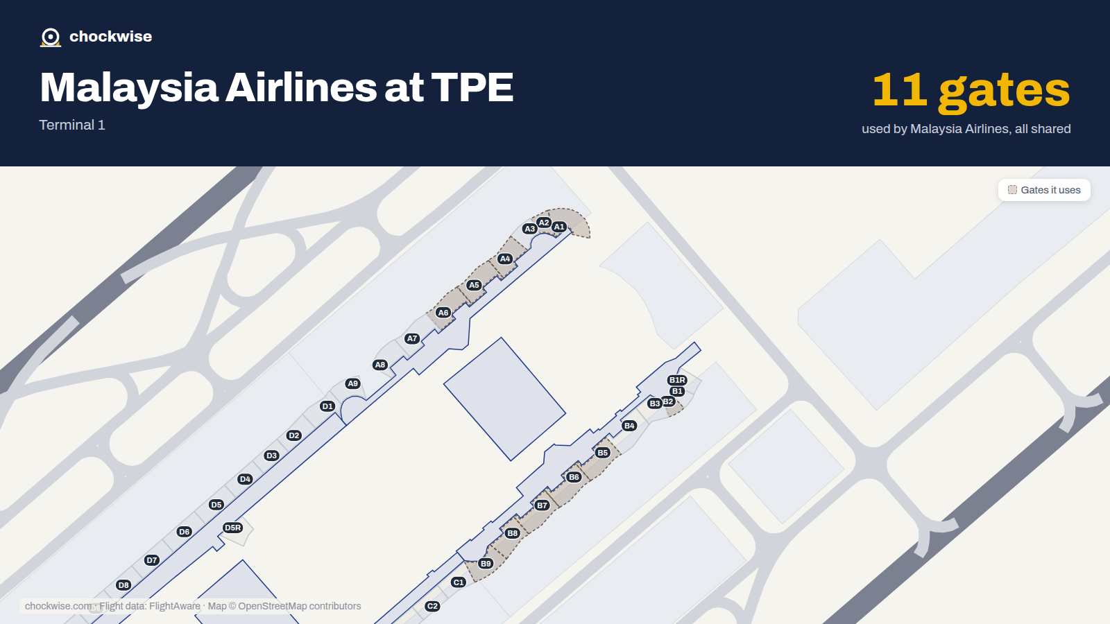 Map of TPE with the gates Malaysia Airlines uses highlighted: A1, A2, B2, A4, A5, B5, A6, B6 and 3 more.