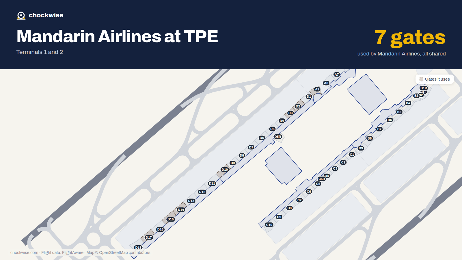 Map of TPE with the gates Mandarin Airlines uses highlighted: D2, D3, A9, D10, D14, D15 and D17.