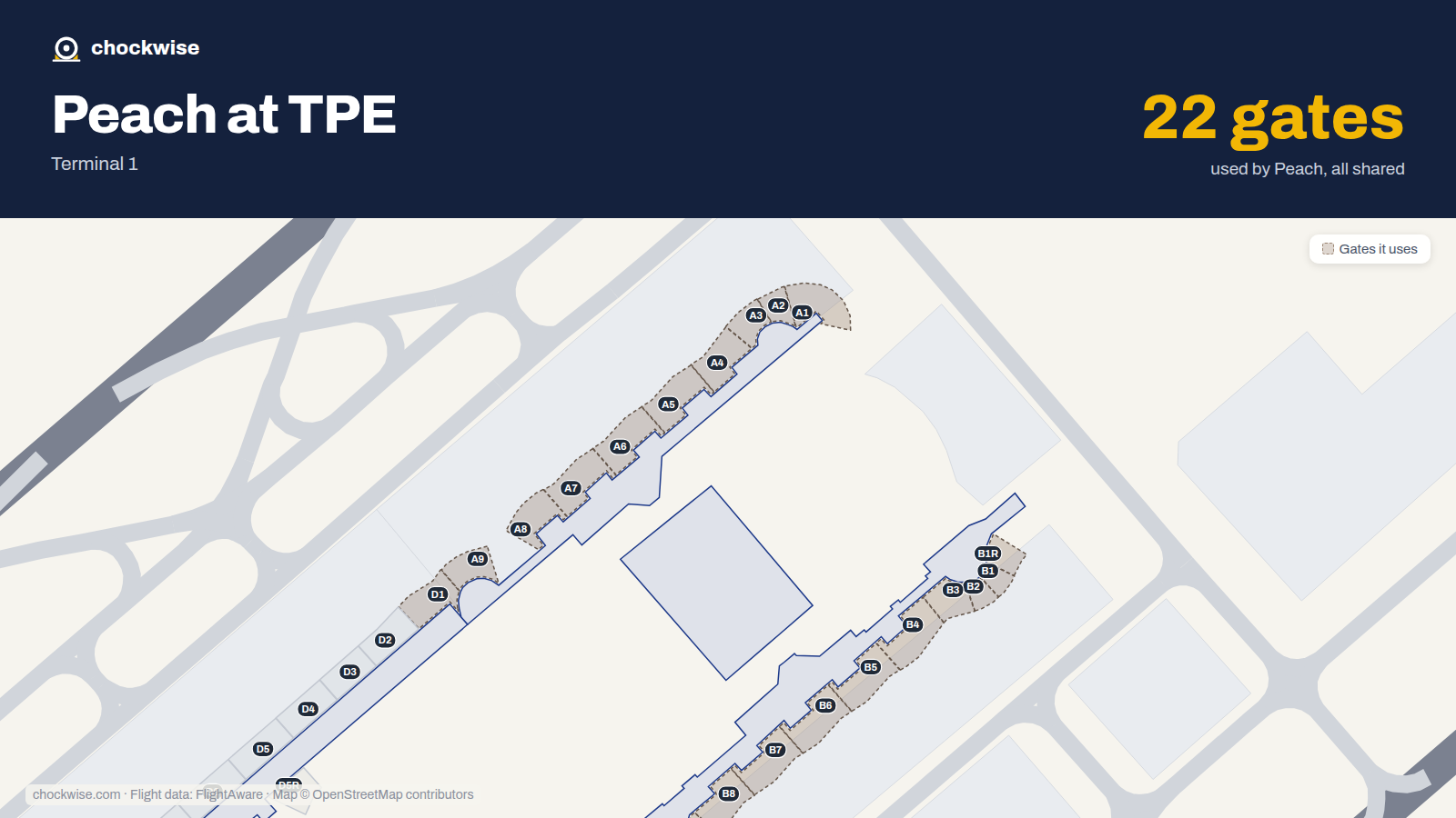 Map of TPE with the gates Peach Aviation uses highlighted: A1, B1, B1R, C1, D1, A2, B2, A3 and 14 more.